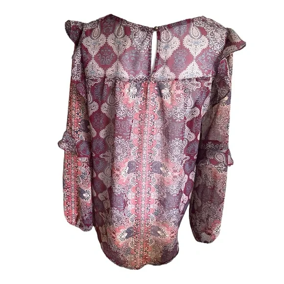 Womens Knox Rose Chiffon Blouse Burgundy Ruffled Prairie Sheer Lightweight XS - Picture 4 of 6